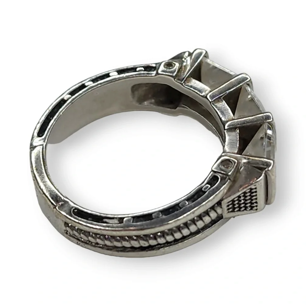 Vintage Ring Sterling‎ Silver 925 Clear Cubic Zirconia Three Stone Cocktail SZ 6